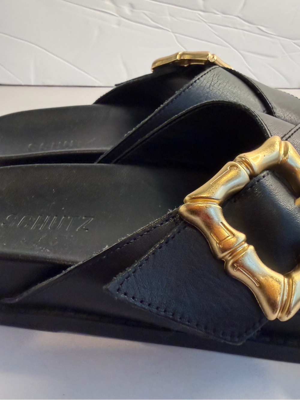 Schutz Ebola Black Leather Slide Sandals with Gold Bamboo Buckle size 8 - Picture 7 of 12